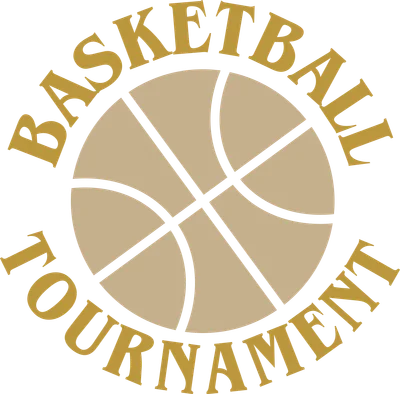 Logo hình quả bóng rổ với chữ "BASKETBALL TOURNAMENT" bao quanh, màu vàng đồng trên nền xám.