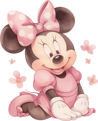 Minnie Mouse đáng yêu trong chiếc váy hồng chấm bi, ngồi giữa những bông hoa màu hồng nhạt, phong cách màu nước.