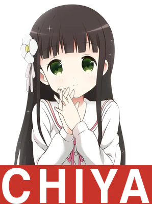 Hình ảnh cô gái anime tóc đen dài, mắt xanh lá, mặc áo trắng, có hoa cài tóc và chữ CHIYA bên dưới.