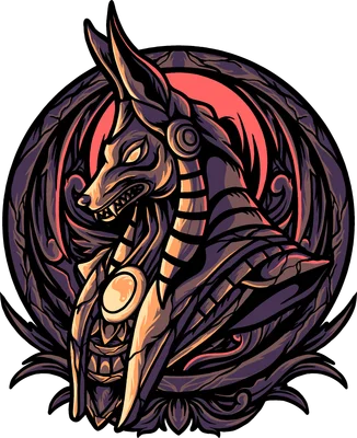 Hình ảnh thần Anubis với đầu chó rừng, mặc giáp cổ đại, trên nền tròn họa tiết phức tạp.