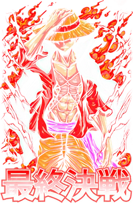 Hình ảnh Monkey D. Luffy trong One Piece với sức mạnh Gear 5, bao quanh bởi hiệu ứng lửa đỏ rực.