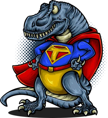 Hình minh họa khủng long T-Rex mặc áo choàng siêu anh hùng, phong cách hoạt hình vui nhộn