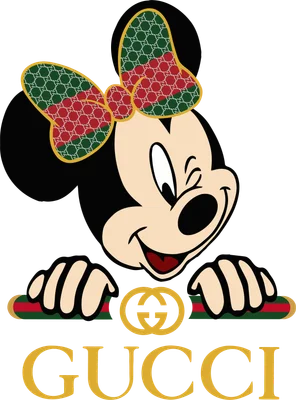 Hình ảnh Minnie Mouse đội nơ và có logo Gucci, phong cách hoạt hình dễ thương.