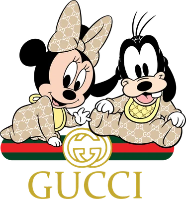 Hình ảnh Minnie Mouse và Goofy phiên bản em bé mặc bộ đồ họa tiết Gucci, ngồi trên dải sọc màu đỏ, xanh lá và logo Gucci.