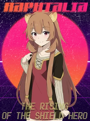 Hình ảnh Raphtalia, nhân vật anime với tai cáo, mặc trang phục đỏ và đen, trên nền retro synthwave.
