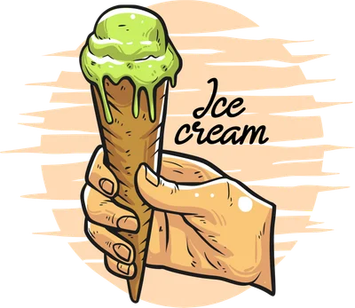 Hình minh họa bàn tay cầm kem ốc quế màu xanh lá cây đang chảy, với chữ 'Ice cream' trên nền hình tròn sọc ngang.