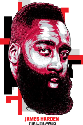 Hình chân dung James Harden với phong cách pop art, sử dụng tông màu đỏ và đen nổi bật trên nền xám.