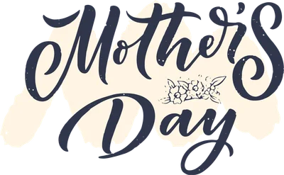Chữ thư pháp 'Mother's Day' màu xanh navy với họa tiết hoa nhỏ ở giữa, trên nền màu kem và xám.
