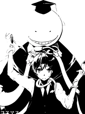Hình ảnh Koro Sensei đội mũ tốt nghiệp và Nagisa Shiota với xúc tu bao quanh, phong cách đen trắng.