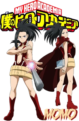 Hình ảnh Momo Yaoyorozu từ My Hero Academia với hai phiên bản, một đang sử dụng sức mạnh và một khoác áo choàng.