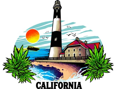 Hình ảnh ngọn hải đăng bên bờ biển California với phong cách đồ họa vintage, phù hợp in áo thun
