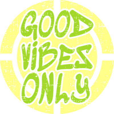 Hình in chữ "Good Vibes Only" phong cách graffiti màu xanh neon trên nền vàng grunge và xám.