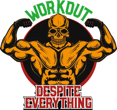 Hình minh họa đầu lâu cơ bắp đang tập gym với dòng chữ Workout Despite Everything