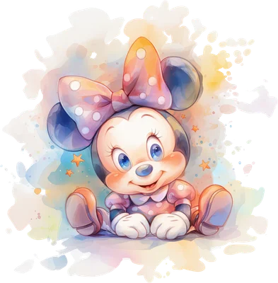 Hình ảnh Minnie Mouse bé con ngồi cười đáng yêu với nơ chấm bi hồng, hiệu ứng màu nước pastel.