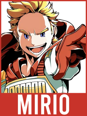 Hình ảnh nhân vật Mirio Togata trong anime với mái tóc vàng, mắt xanh, đang cười và chỉ tay về phía trước.