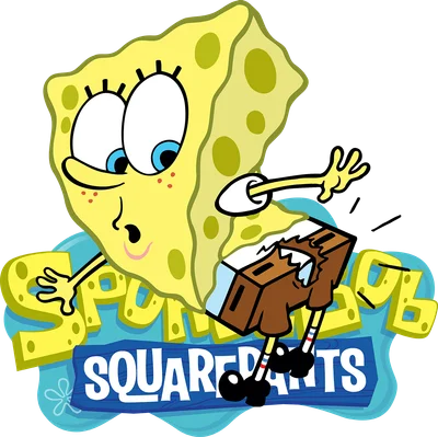 Hình ảnh SpongeBob SquarePants với biểu cảm ngạc nhiên, tay dang ra, trên nền logo.