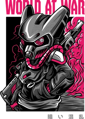 Hình minh họa chiến binh tương lai đeo mặt nạ với súng và khói hồng phong cách cyberpunk