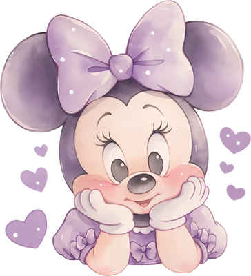 Hình ảnh Minnie Mouse hoạt hình đáng yêu với nơ và váy màu tím pastel, má hồng, xung quanh có trái tim nhỏ.