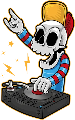 Hình ảnh bộ xương hoạt hình đội mũ lưỡi trai, đeo tai nghe, đang chơi nhạc trên bàn DJ, tay giơ ký hiệu rock and roll.