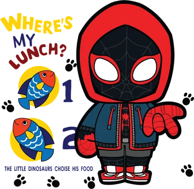 Hình ảnh chibi Spider-Man Miles Morales mặc áo hoodie đỏ, tìm kiếm bữa trưa với hai con cá.