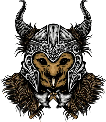 Hình ảnh minh họa một con cú đội mũ giáp Viking với sừng, có hai chiếc rìu chiến bắt chéo phía trước.
