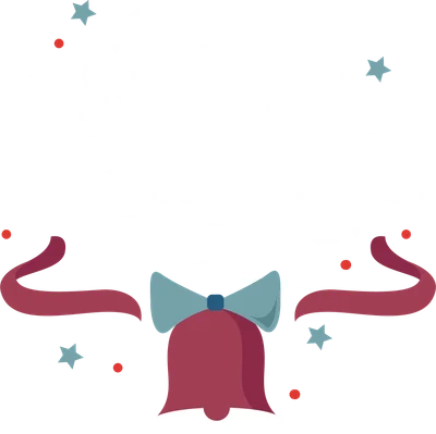 Hình ảnh chữ 'Happy Christmas' viết tay màu trắng, kèm chuông đỏ thắt nơ xanh, ruy băng đỏ và các ngôi sao nhỏ màu xanh trên nền xám.