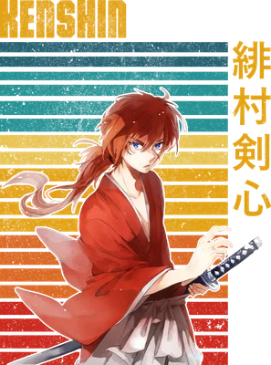 Hình ảnh Kenshin Himura, nhân vật anime với mái tóc đỏ buộc đuôi ngựa, mặc áo kimono đỏ, tay cầm kiếm.