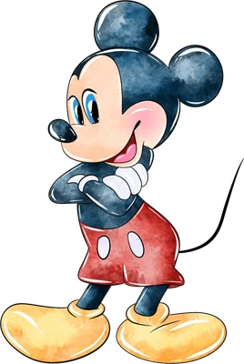 Hình ảnh nhân vật hoạt hình Mickey Mouse với phong cách vẽ màu nước, đứng khoanh tay và mỉm cười thân thiện trên nền xám.