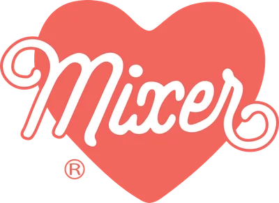 Logo Mixer màu trắng trên nền trái tim đỏ, có ký hiệu đăng ký thương hiệu.