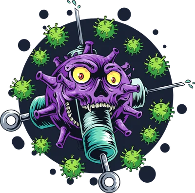 Hình minh họa virus màu tím có khuôn mặt đầu lâu bị xuyên qua bởi các ống tiêm, phong cách hoạt hình kinh dị