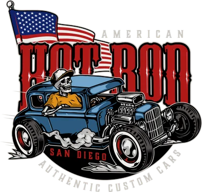 Hình minh họa xương khô đội mũ lái xe hot rod màu xanh với cờ Mỹ và chữ 'AMERICAN HOT ROD' phong cách vintage.