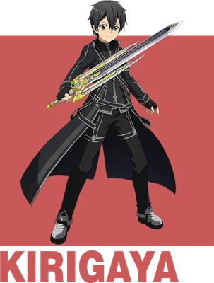 Nhân vật Kirito trong Sword Art Online, mặc áo khoác đen, cầm hai thanh kiếm, đứng trên nền xám và đỏ.