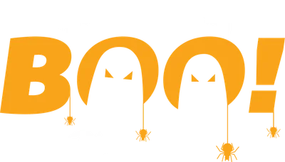 Chữ 'BOO!' màu cam với hình ảnh ma quái, nhện và dơi bay lượn, nền xám.