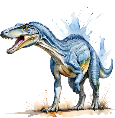 Hình minh họa khủng long Spinosaurus màu xanh dương với các vệt màu nước, miệng há to, dáng vẻ mạnh mẽ trên nền xám.