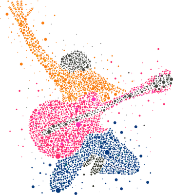 Hình ảnh nghệ sĩ guitar đang biểu diễn, được tạo thành từ hàng trăm chấm tròn nhiều màu sắc rực rỡ.