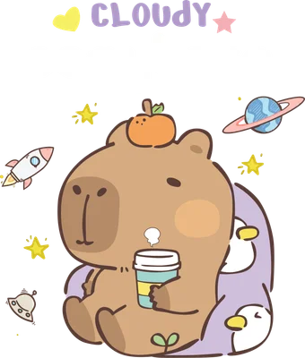 Hình vẽ capybara hoạt hình dễ thương ôm cốc cà phê, có chim cánh cụt và các vật thể vũ trụ trên nền xám.