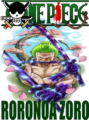 Hình ảnh Roronoa Zoro từ One Piece với mái tóc xanh, cầm kiếm, xung quanh có hoa anh đào rơi.
