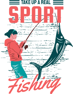 Hình ảnh minh họa một người đang câu cá marlin, với dòng chữ 'Take Up A Real Sport Fishing'.
