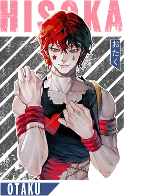 Hình vẽ nhân vật Hisoka Morow từ anime Hunter x Hunter, tóc hai màu đỏ đen, trang phục rách, có vết khâu.