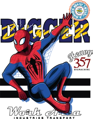 Hình ảnh Spider-Man đang đu tơ, mặc trang phục đỏ xanh đặc trưng, với chữ 'DIGGER' và các dòng chữ khác.