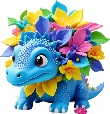 Hình ảnh rồng con màu xanh dương đáng yêu với đôi mắt to tròn, đội một vương miện hoa nhiều màu sắc rực rỡ như vàng, hồng, xanh lá, xanh dương. Nền xám đơn giản.