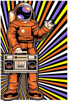 Phi hành gia mặc bộ đồ màu cam cầm máy phát nhạc cassette trên nền tia sáng rực rỡ phong cách retro