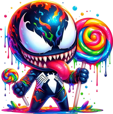 Hình ảnh Venom chibi đầy màu sắc rực rỡ, miệng há to, lưỡi thè ra, cầm hai cây kẹo mút lớn, có hiệu ứng sơn chảy.
