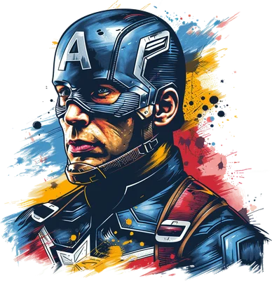 Hình minh họa Captain America trong trang phục siêu anh hùng màu xanh đỏ, với hiệu ứng vệt màu nước rực rỡ phía sau.