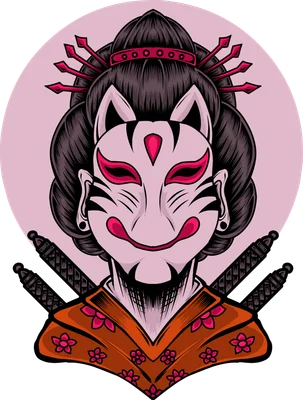 Hình ảnh minh họa Geisha Nhật Bản đội mặt nạ Kitsune, đeo trang sức tóc và hai thanh kiếm samurai.