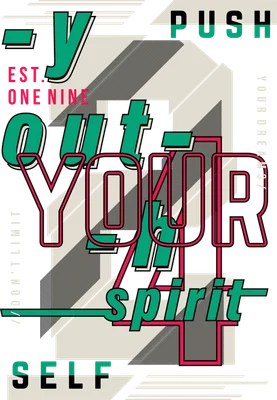 Hình ảnh typography với dòng chữ 'Out Your Spirit' màu xanh lá và hồng trên nền xám, phong cách retro động lực.