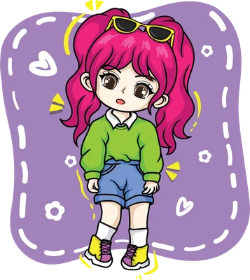Hình vẽ chibi cô bé tóc hồng hai bím, mặc áo xanh, quần short jean, đeo kính râm vàng, trên nền tím có họa tiết chấm và trái tim.