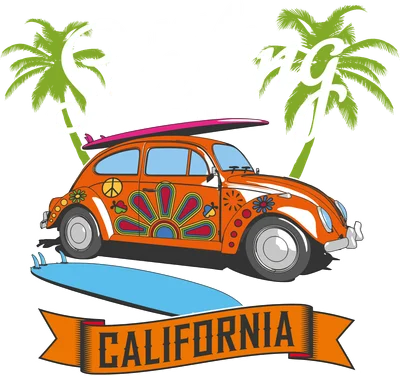 Hình minh họa xe bọ Volkswagen màu cam trang trí hippie, có ván lướt sóng, chữ Best Surfing California và cây cọ.