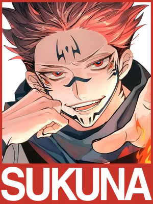 Hình ảnh nhân vật Sukuna từ anime Jujutsu Kaisen với mái tóc đỏ, đôi mắt đỏ và các hình xăm trên mặt, tay đang đưa ra phía trước.