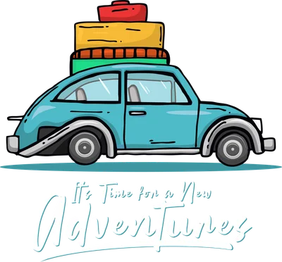 Hình vẽ xe hơi cổ màu xanh dương chở vali trên nóc, có chữ 'It's Time for a New Adventures'